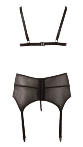 Ensemble lingerie Cottelli Curves en dentelle noire composé d’un soutien-gorge à bonnets ouverts, d’un porte-jarretelles à laçage décoratif et d’un string assorti grande taille.