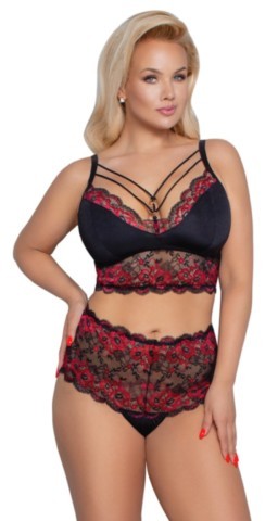 Ensemble lingerie Cottelli Curves composé d’un soutien-gorge noir avec bandes décoratives et anneaux dorés ainsi qu’une culotte taille haute en dentelle florale bicolore grande taille.