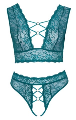 Ensemble lingerie Cottelli Curves en dentelle couleur pétrole composé d’une bralette très échancrée avec anneaux or rose et d’un string taille haute ouvert assorti.