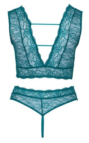 Ensemble lingerie Cottelli Curves en dentelle couleur pétrole composé d’une bralette très échancrée avec anneaux or rose et d’un string taille haute ouvert assorti.