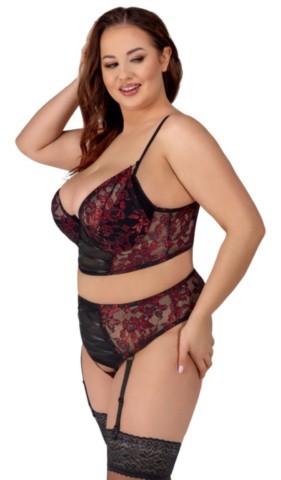 Ensemble lingerie Cottelli Curves composé d’un soutien-gorge longline en dentelle florale bicolore avec bonnets ouvrables et d’un slip porte-jarretelles assorti à entrejambe détachable et détails satinés.