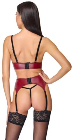 Ensemble porte-jarretelles ouvert 3 pièces Cottelli LINGERIE rouge foncé et noir avec soutien-gorge ouvert à chaînes de perles, porte-jarretelles réglable et string ouvert en dentelle.