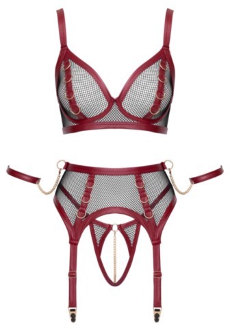 Ensemble lingerie Bondage Cottelli noir et rouge composé d’un soutien-gorge en résille, d’un porte-jarretelles assorti, d’un string ouvert et de menottes amovibles.