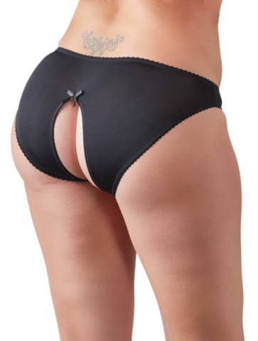Slip ouvert noir Cottelli Curves avec inserts en dentelle extensible sur le devant et petit nœud décoratif, conçu pour les silhouettes grande taille.