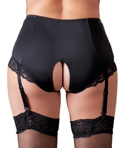Culotte taille haute noire Cottelli Curves avec panneau gainant sur le ventre, dentelle florale aux jambes et bretelles décoratives amovibles pour grande taille.