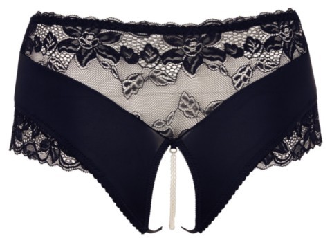 Slip taille haute noir Cottelli Curves avec empiècement en dentelle florale et détail de chaîne élastique de perles, conçu pour les silhouettes grande taille.