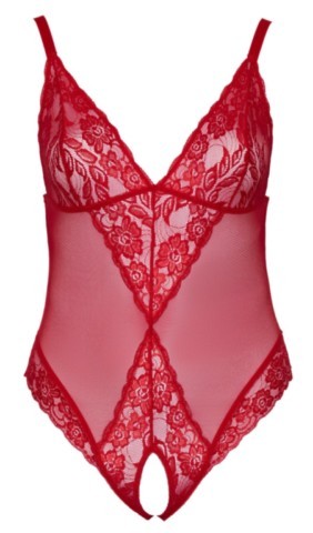 Body rouge transparent Cottelli Curves en powernet avec bonnets souples, détails en dentelle et larges bretelles réglables pour grande taille.