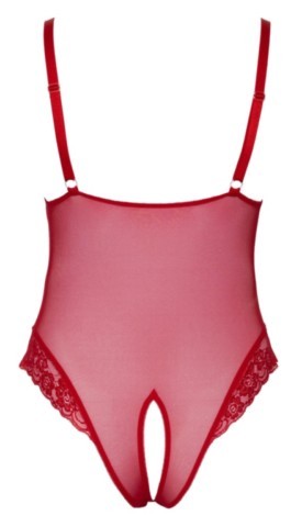 Body rouge transparent Cottelli Curves en powernet avec bonnets souples, détails en dentelle et larges bretelles réglables pour grande taille.