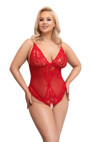 Body rouge transparent Cottelli Curves en powernet avec bonnets souples, détails en dentelle et larges bretelles réglables pour grande taille.