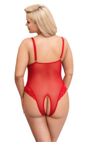 Body rouge transparent Cottelli Curves en powernet avec bonnets souples, détails en dentelle et larges bretelles réglables pour grande taille.