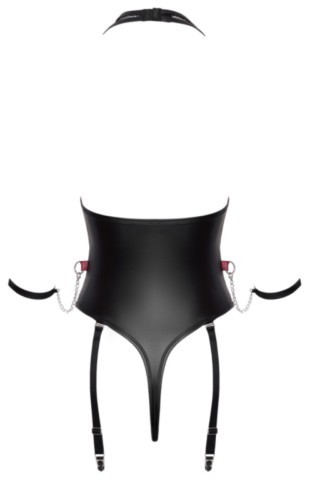 Body porte-jarretelles Bondage Cottelli noir et rouge avec bonnets en résille transparente, fermeture éclair frontale, jarretelles amovibles et menottes souples reliées par chaînes amovibles.
