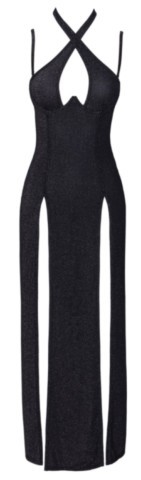 Longue robe fendue au décolletée plongeant et scintillante