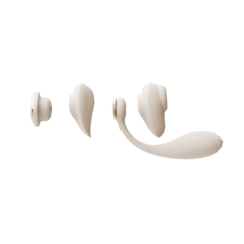 Vibromasseur portable connecté Deya de ZALO en coloris blanc ivoire avec double stimulation, accessoires interchangeables, télécommande Bluetooth et design ergonomique discret.
