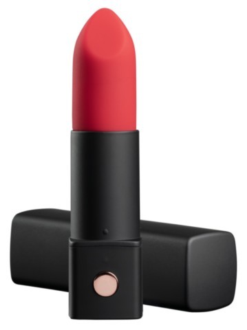 Mini vibromasseur connecté Exomoon de Lovense au design rouge à lèvres, rechargeable par USB, étanche IPX7 et contrôlable via Bluetooth avec l'application Lovense.