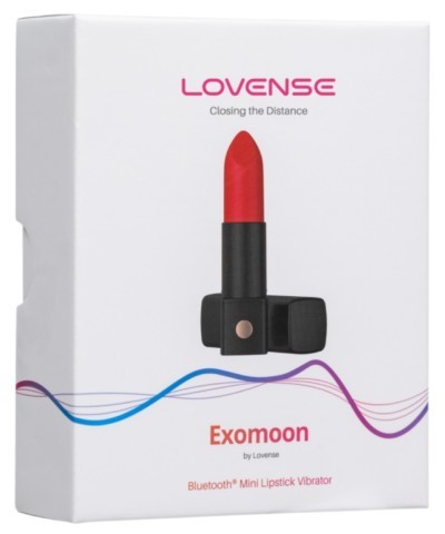 Mini vibromasseur connecté Exomoon de Lovense au design rouge à lèvres, rechargeable par USB, étanche IPX7 et contrôlable via Bluetooth avec l'application Lovense.