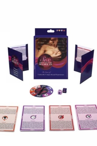 Boîte du jeu Sex Around The World avec cartes Visa, passeports, roulette et dés personnalisés pour découvrir des expériences inspirées de cultures du monde entier.