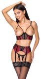 Ensemble porte-jarretelles ouvert 3 pièces Cottelli LINGERIE rouge foncé et noir avec soutien-gorge ouvert à chaînes de perles, porte-jarretelles réglable et string ouvert en dentelle.