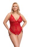 Body rouge transparent Cottelli Curves en powernet avec bonnets souples, détails en dentelle et larges bretelles réglables pour grande taille.